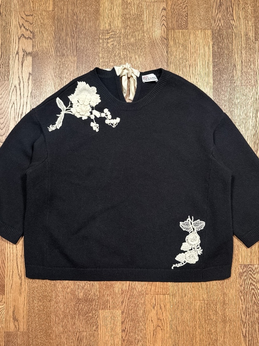 RED Valentino Garavani Merino Wool 3/4 Sleeve Embroidered Floral Sweater Medium